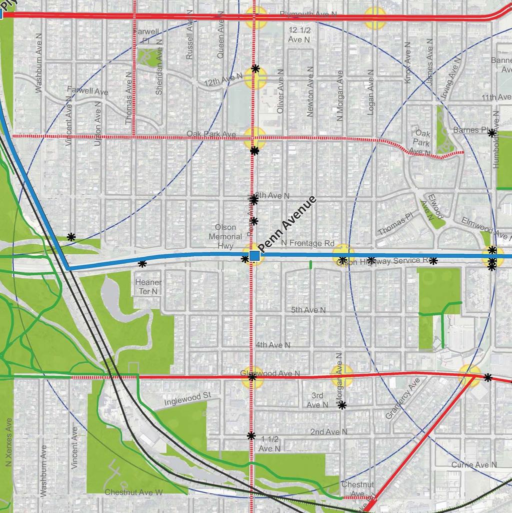 HIGHWY 55 PEDESTRIN CROSSINGS» This graphic depicts walking distances to proposed signalized intersections along
