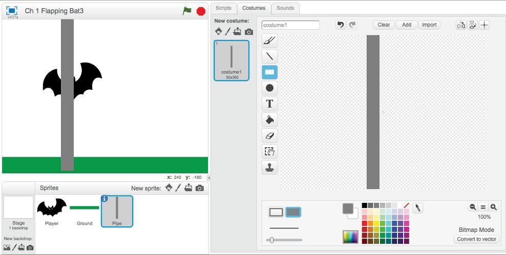 18 Part 1: Become a Scratch Designer 6. Click a gray color swatch. 7. Click and drag across the middle of the Paint Editor canvas to draw a vertical pipe.