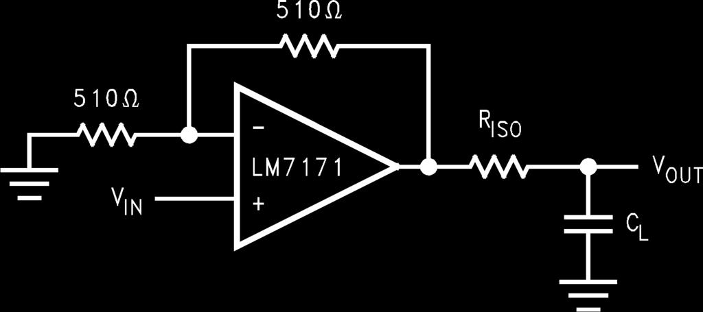 For LM7171, a 50Ω isolation resistor is recommended for initial evaluation. Figure 6 shows the LM7171 driving a 150 pf load with the 50Ω isolation resistor.