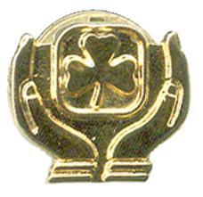 Appreciation Pin 1. H1001 2. Merchandising Centre Catalogue (1988-1989) 3. 1988-1992 4. Round; gilt; metal: text THANK YOU written across top with Trefoil logo in lower right segment. 1. H1002 2.