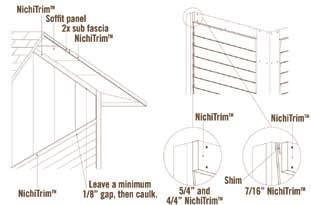 5) NichiTrim products used in fascia and rake board applications must be fastened over a continuous wood or steel subfascia. On runs exceeding 10 use a weather cut to join trim boards.