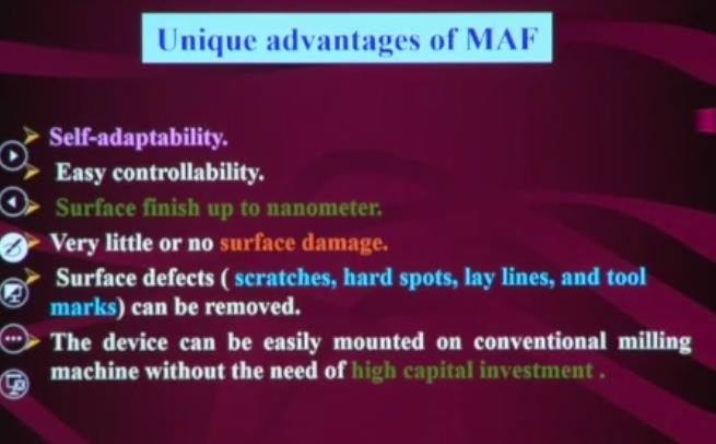 (Refer Slide Time: 19:40) So what are the unique advantages of this magnetic abrasive finishing process? Self-adaptability is one of the advantages.