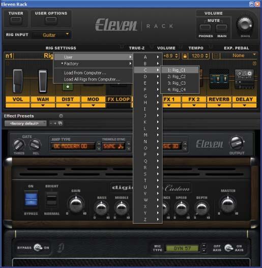 Select a Rig Eleven Rack stores combinations of amps, cabinets, and effects as Rigs. You can quickly load any of the preset Rigs, and save your own custom combinations.
