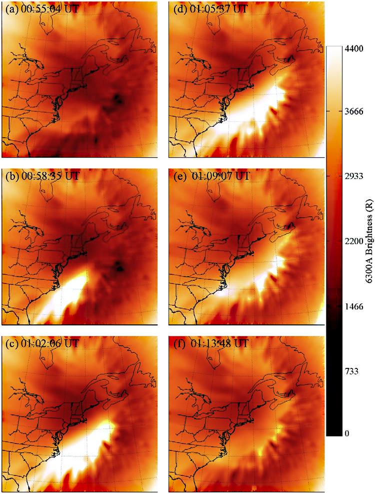 Figure 3. (a--f) The 6300 A airglow generated by the rocket exhaust depletions (REDs) of TEC depicted in Figure 2.