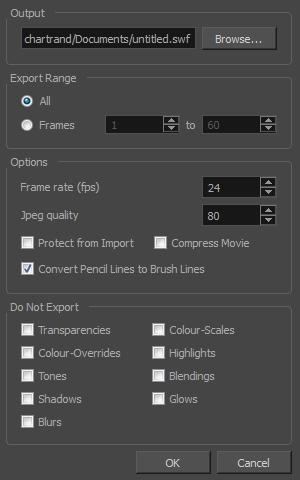 Parameter Output Export Range All Frames Options Frame Rate Lets you specify the location in which the file will be exported. Exports all the frames of your movie.