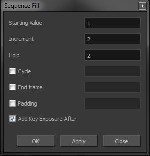 From the top menu, select Animation > Cell > Sequence Fill. In the Timeline view, right-click and select Exposure > Sequence Fill.