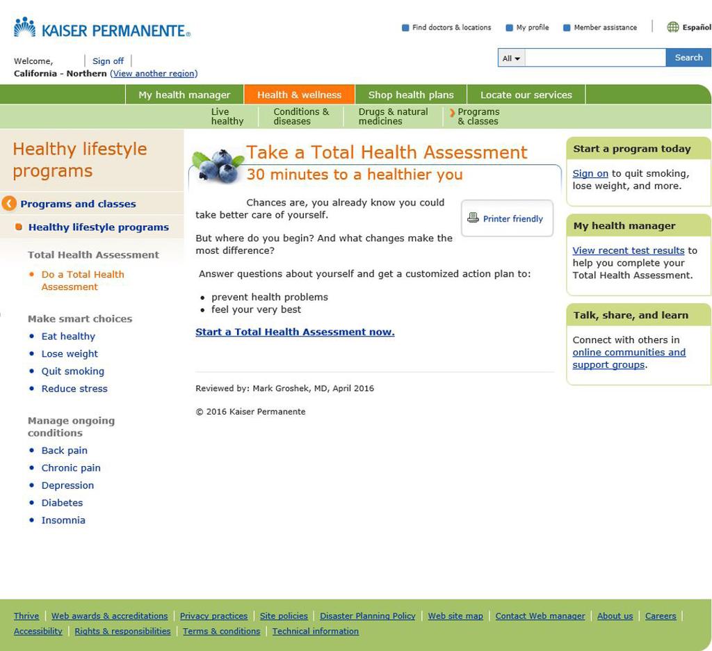 Click the Take Total Health Assessment (THA) link on the left hand side of your