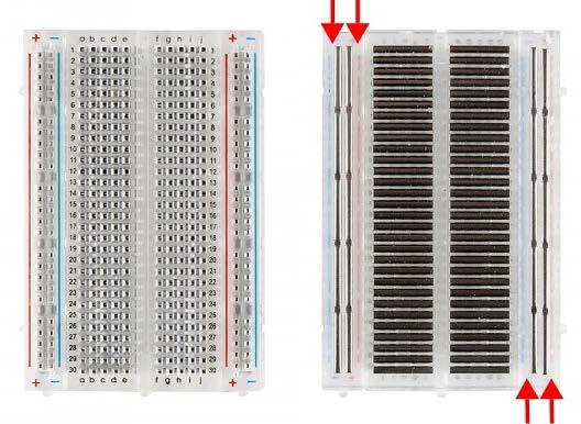 Breadboard layout Power rails run vertically for +5v +3.