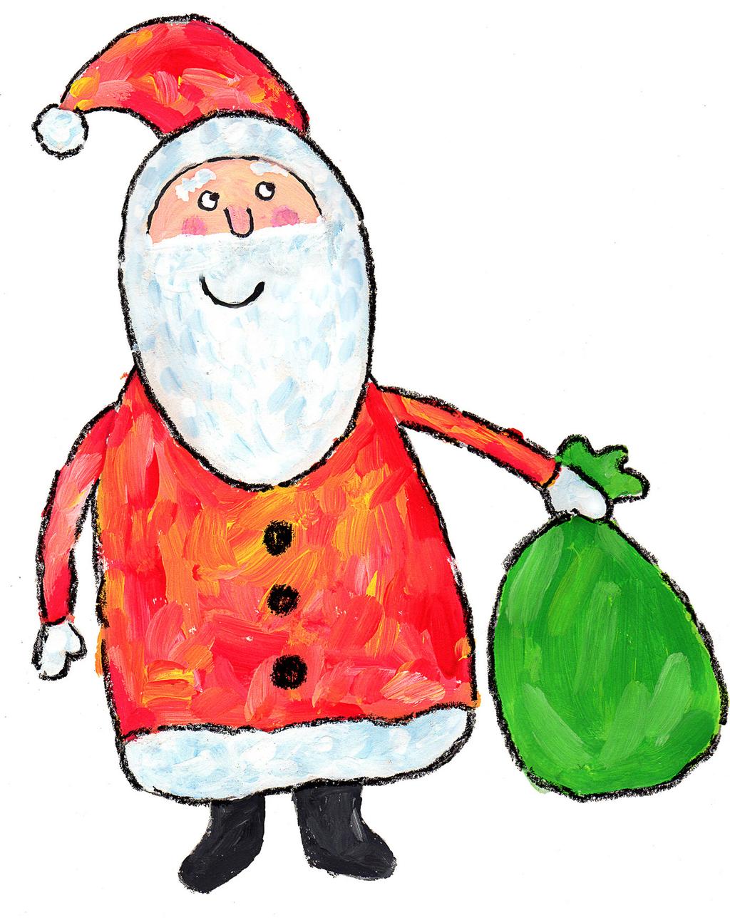 3. Outline Santa Show your child how to outline the Santa and his toy bag with a black oil pastel or crayon. Color in the boots and make buttons.