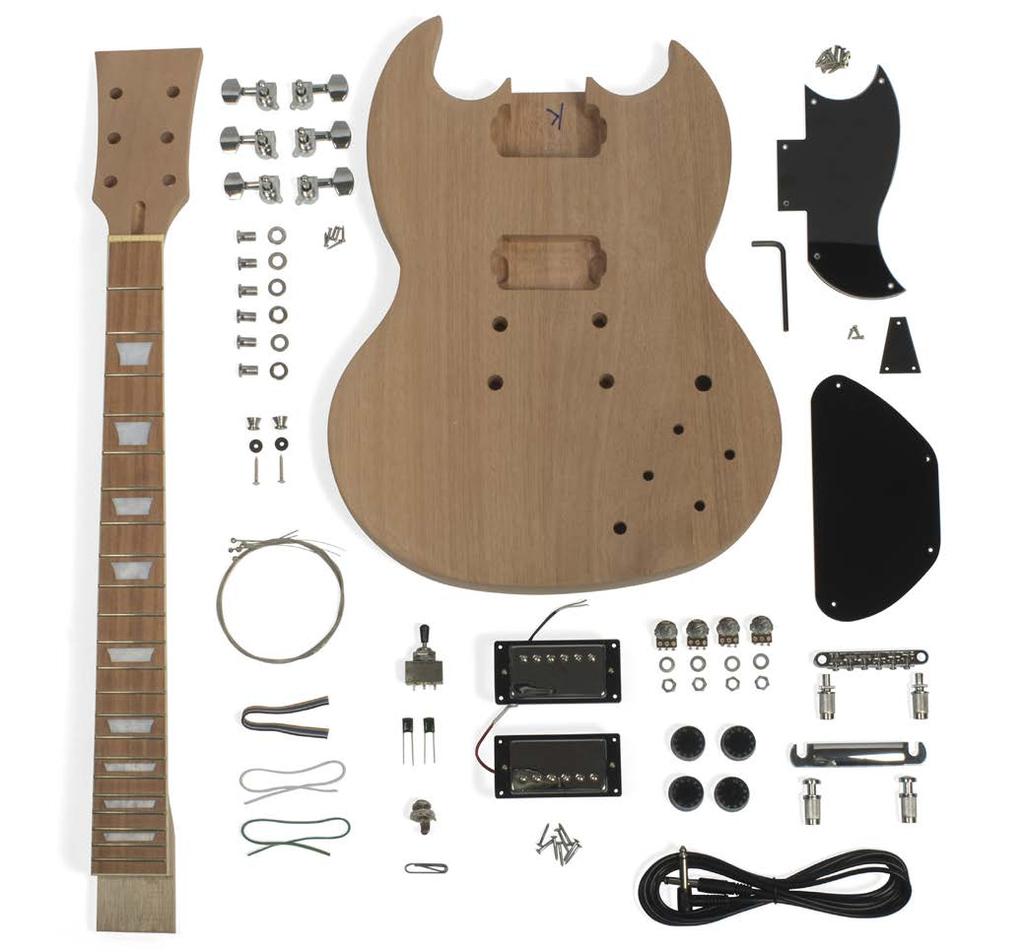 Parts list Neck Body Pickguard with mounting screws Tuners with bushings, washers, and screws (6) 4mm hex wrench for adjusting truss rod Truss rod cover with mounting screws Strap buttons with