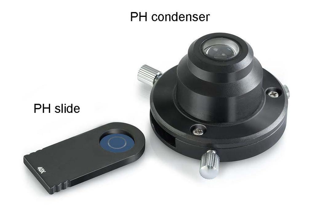 5.9 Phase contrast unit Simple phase-contrast unit This consists of a simple PH condenser, a PH objective with a specific magnification (10x, 20x, 40x or 100x), a PH slider, which is adapted to the