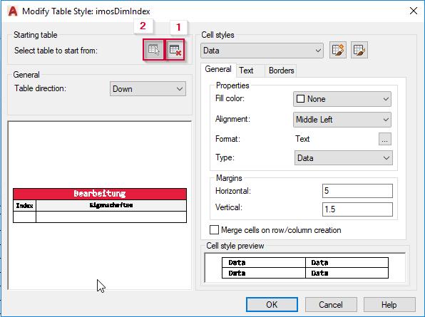 5. In the dialog box that opens click the button containing the x (1) to delete the Starting table. 6. Click the adjacent button (2) to define a new Starting table. 7.