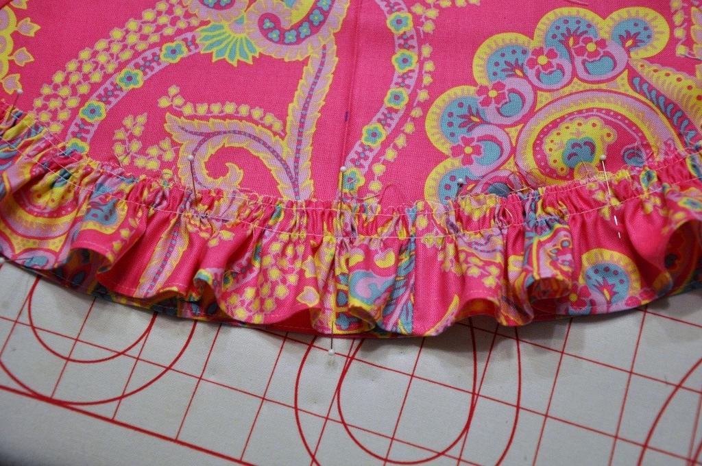 Use the gathering directions on page 3 and run gathering threads on each ruffle strip. 1. Mark the center and quarter points of the strip. 2.
