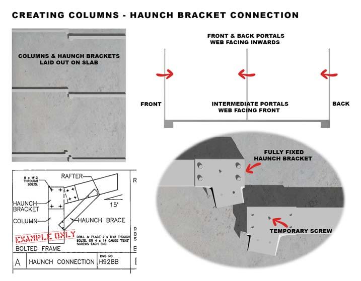 8. CREATING COLUMNS HAUNCH BRACKETS Lay columns flat on the slab down both side walls at the approximate bay spacings. Attach a haunch bracket to the web face of each column.