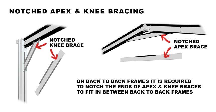 On back-to-back frames it is required to notch the ends of the apex and knee braces to fit in-between back-to-back frames.