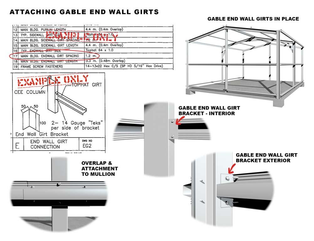 14. GABLE END WALL GIRTS Fix the Gable End Wall girt brackets to the inside flange face of the Gable End Wall columns as shown, spacings as per engineering plans.
