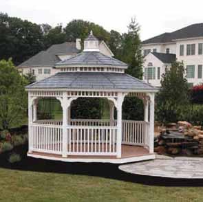 gazebos are made of pressure-treated southern yellow pine covered with vinyl.
