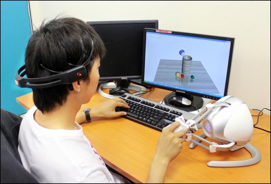 3D game. (a) User with EEG and haptic devices.