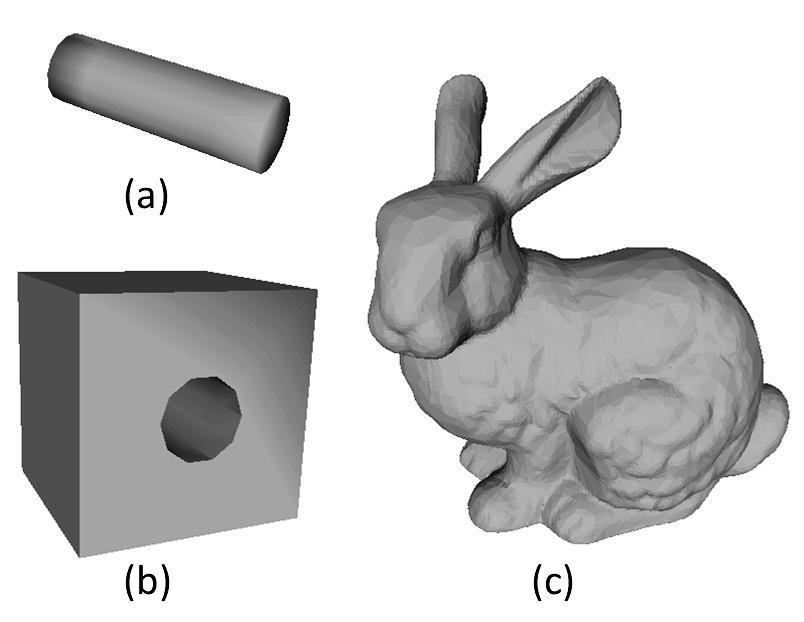 Figure 5.3: Three benchmark models used in the haptic rendering system: (a) peg model, (b) box with hole model, and (c) bunny model.