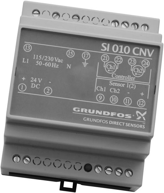 8 Grundfos Direct Sensor ccessories Sensor interface, SI 010 CNV The sensor interface, type SI 010 CNV, from Grundfos Direct Sensors is an external power supply, signal amplifier and signal converter
