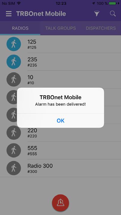 You can broadcast an emergency call to all operators on the DISPATCHERS page and all active TRBOnet Mobile users on the radio network. Radio users do not receive emergency calls.