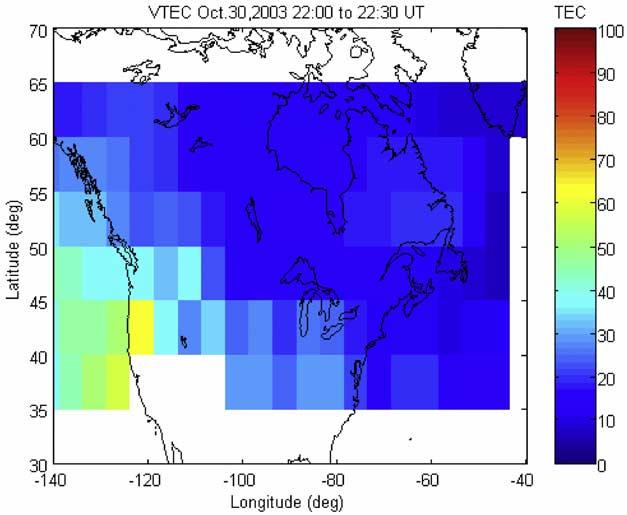 Figure 15. GPS TEC map derived from the GPS.C ionosphere grid for the period 2200--2230 UT on 29 October 2003. Canada (NRCan), with a few modifications to their current processing schemes.