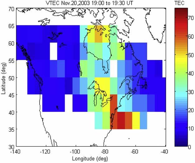 Figure 23. GPS TEC map derived from the raw NRCan ionospheric observations for the period 1900--1930 UT on 20 November 2003.