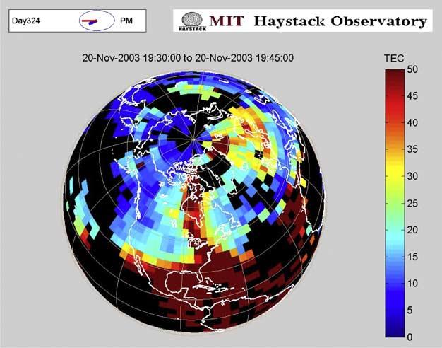 Figure 1. Example of storm enhanced density over North America on 20 November 2003. reliably using available Canadian or United States Coast Guard DGPS services.