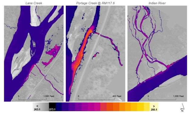 Figure 9. The TIR images of three significant tributaries to the Susitna River. While the majority of tributaries were either frozen or at the same temperature as the mainstem, Lane Creek (RM 113.