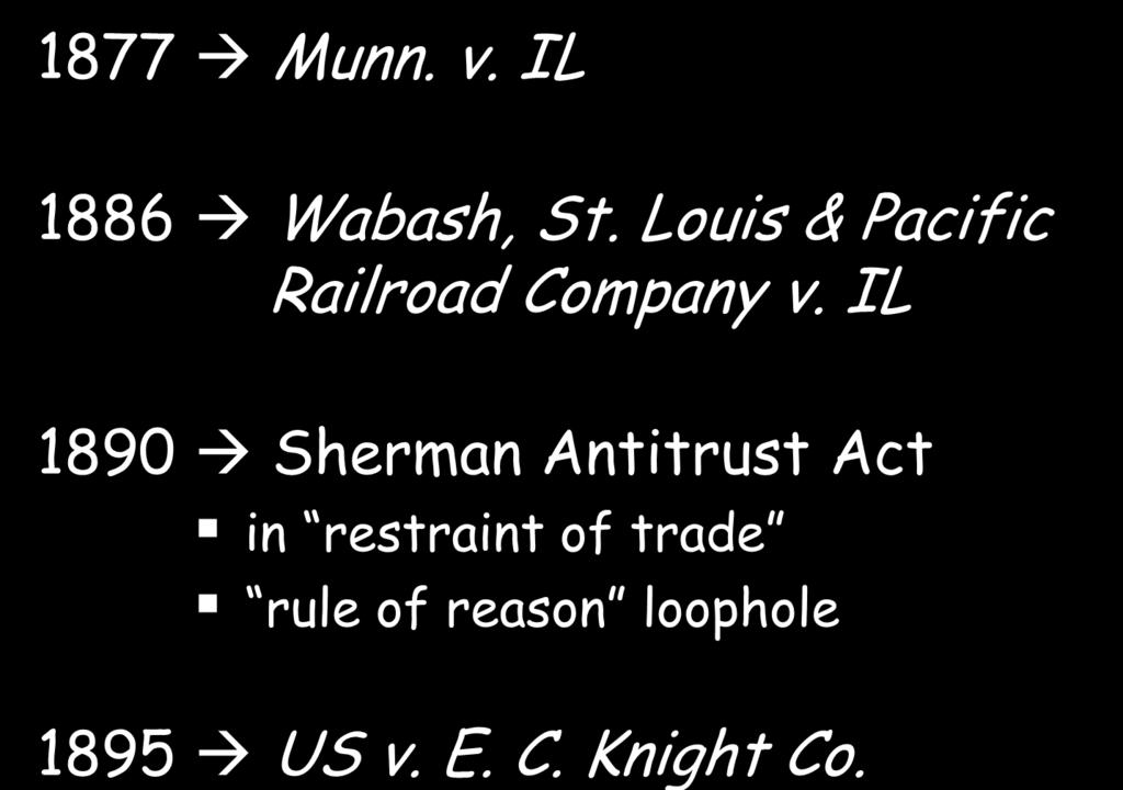 Regulating the Trusts 1877 Munn. v. IL 1886 Wabash, St. Louis & Pacific Railroad Company v.