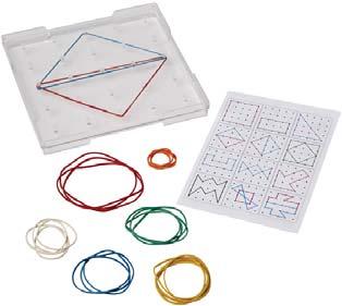 The products are simple and easy for the children to use Geoboard One-sided transparent square board made of recycled plastic Size: 15x15 cm 25 pins Including 25 rubber bands in four