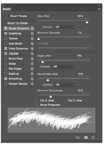 Adjust Spacing so that the brush gathers tighter together as we are going to apply settings to fake fur.