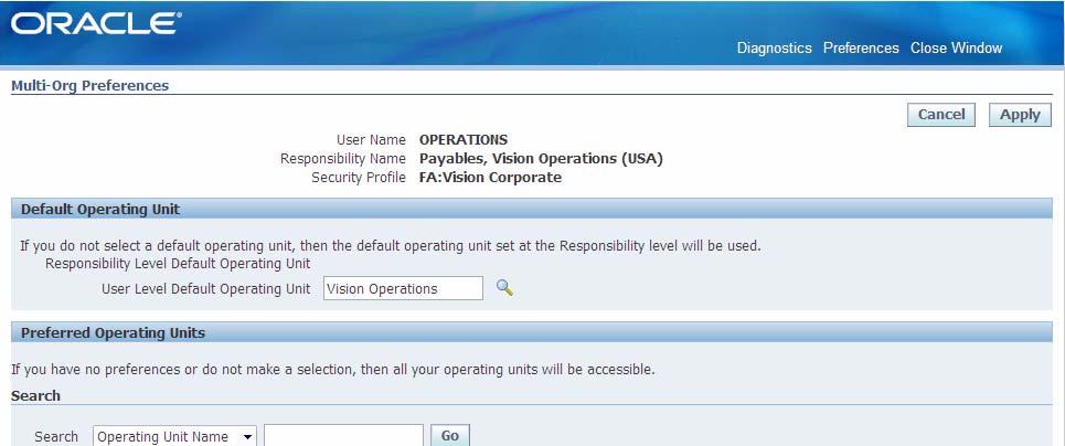You can set your default Operating unit here, in case you have access to more than one