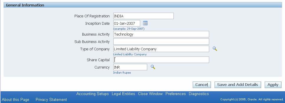 Legal Entity Creation Screen General Information Block And Click Apply to save your