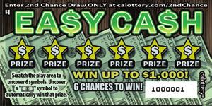 EA$Y CA$H GAME #1164 $ 1 WIN UP TO,000! 6 CHANCES TO WIN! HOW TO PLAY Scratch the play area to uncover 6 symbols. Uncover a symbol to automatically win that prize.
