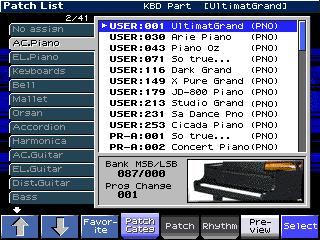 3. Press F2 ( ) and/or F1 ( ) to display the desired rhythm set bank.