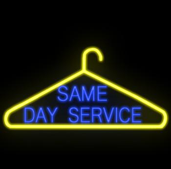 Letters Horizon, Coat Hanger Clear Brite Yellow AS Dry Cleaning Neon Stock Sign.
