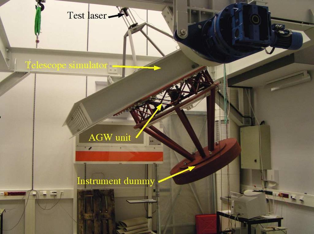 Figure 5. The AGW unit in the telescope simulator at the AIP during a flexure test. Note the laser in the upper left, the AGW unit in the middle, and the LUCIFER dummy (2 tons) in the lower right. 6.