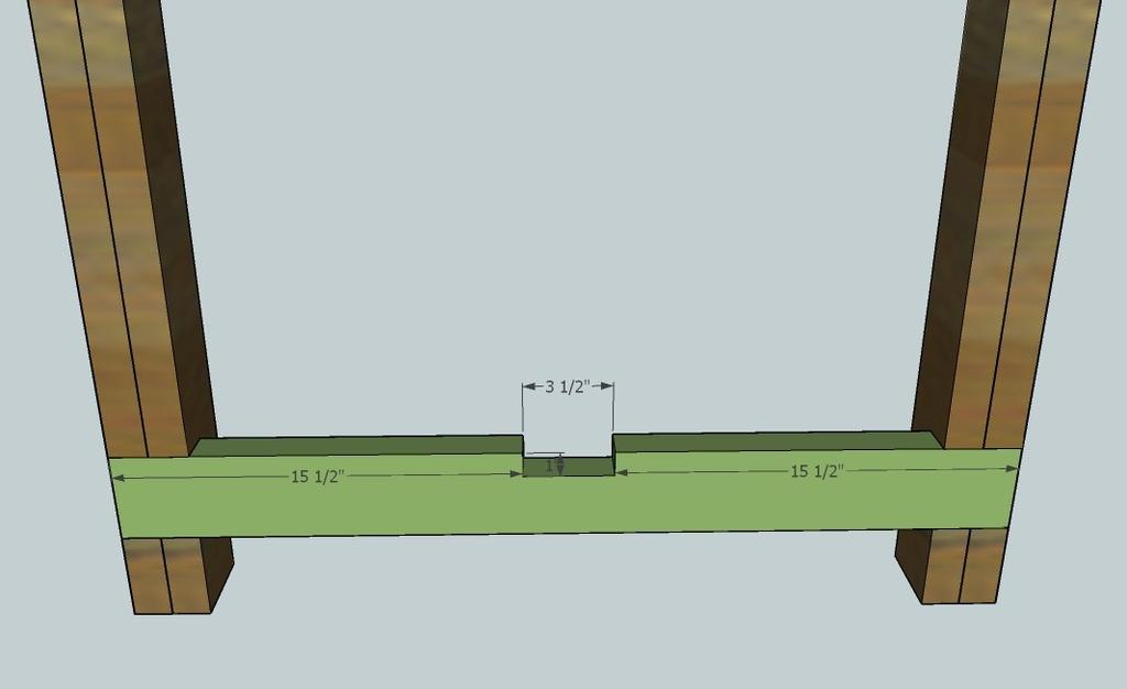[22] Now notch out board C, the end support for the stretcher, as shown above in green. This notch is 1 deep.