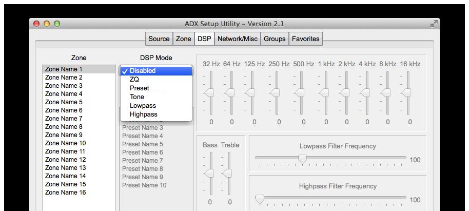 DSP Tab - The Digital Signal Processing tab has five DSP modes available, to be used individually and/or as a multi-band EQ. DSP modes include ZQ, tone, presets, highpass, and lowpass.