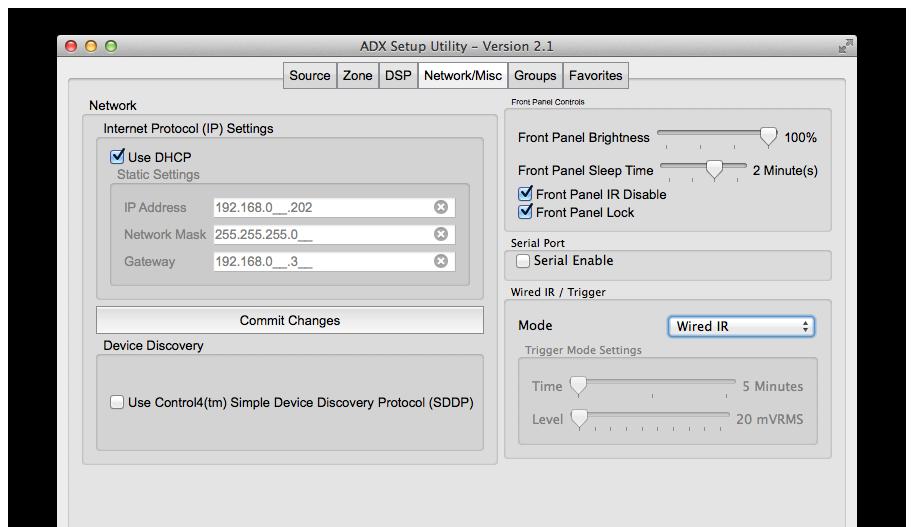 Use Simple Device Discovery Protocol (SDDP) when using Control4 products to connect to the ADX. Select to connect with DHCP. Select to use Control4 protocol.
