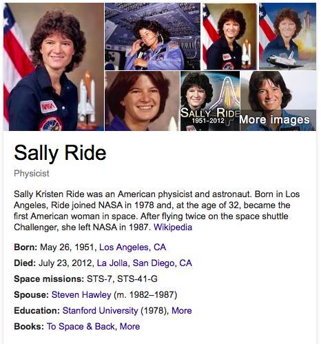Sally Ride was a U.S. astronaut. In 1983 she became the first U.S. woman to travel into outer space. Sally Kristen Ride was born in Encino, California, on May 26, 1951.