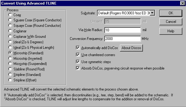 M/FILTER: Operation The Convert Using Advanced TLINE dialog appears as shown below. Make the selections shown and click OK. For information about using Advanced TLINE, see Advanced TLINE Overview.