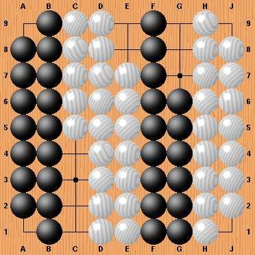 Fig. 4. A test seki with two shared liberties, three liberties for the Max player (Black) and four liberties for the Min player (White). number of playouts required to solve a problem.