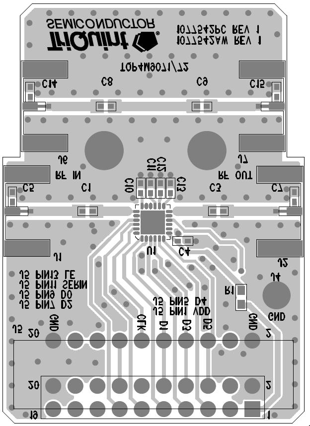 Applications Information PC Board Layout Top layer is.2 Rogers-43, єr = 3.4, 4 total layers (.2 thick) for mechanical rigidity. Metal layers are 1-oz copper. Microstrip line details: width =.