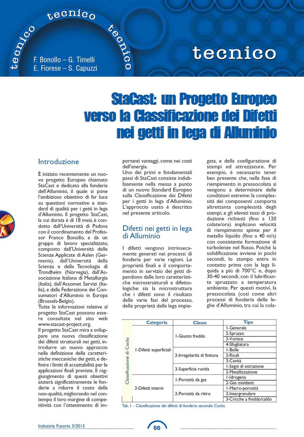 P06 Type of Technical Paper StaCast: un Progetto Europeo verso la classificazione dei difetti nei getti