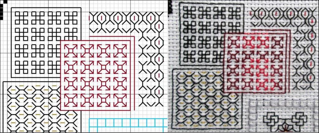 Patterns 57, 58 and Border 59 Technique: Blackwork Threads used: DMC 310, Anchor 1206 one strand, E3852 gold one strand Stitch used: Back stitch Part of this pattern continues on Page 9.
