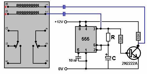 With this circuit, when pin 3 of the 555 chip goes low, the capacitor connecting it to pin 2 of the relay pulls that pin 2 voltage low and causes the relay to change state as the relay pin 15 is