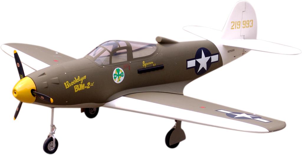 P-39 Airacobra Specification: Length: Wing span: Wing area: Wing loading: Flying weight: Radio: Engine: 7mm(70. ) 00mm(0.3 ) 7.5sq.dm(.5sq.ft) 93g/sq.dm(30.5oz/sq.ft) 7.3kg(.