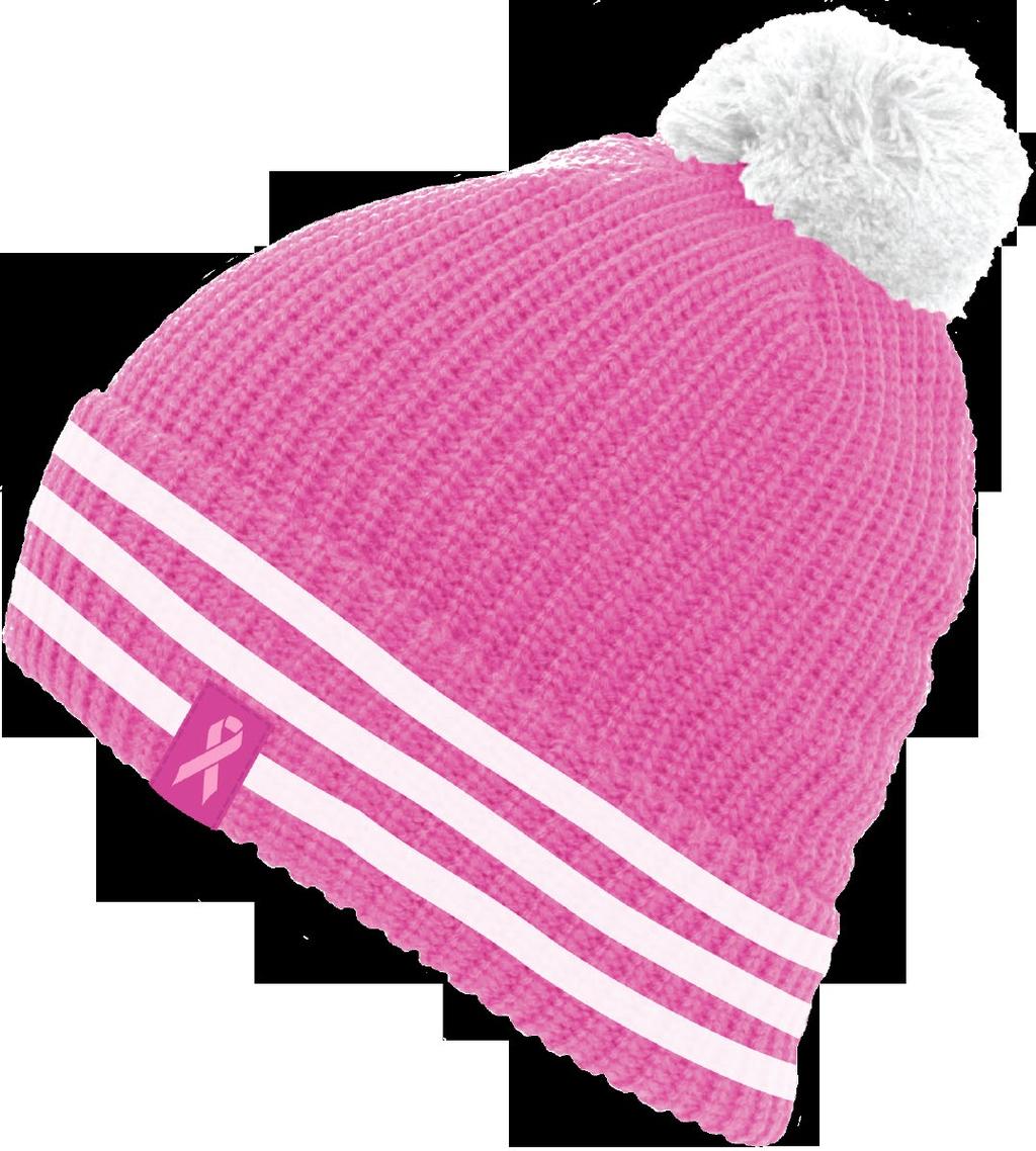 MD# POMB01 POM BEANIE Pink knit beanie with pom, white striping knit into
